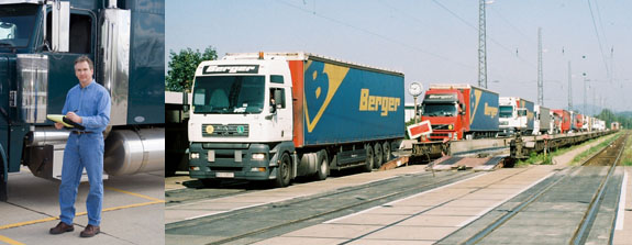 Trucker and trucks on a train, offloading